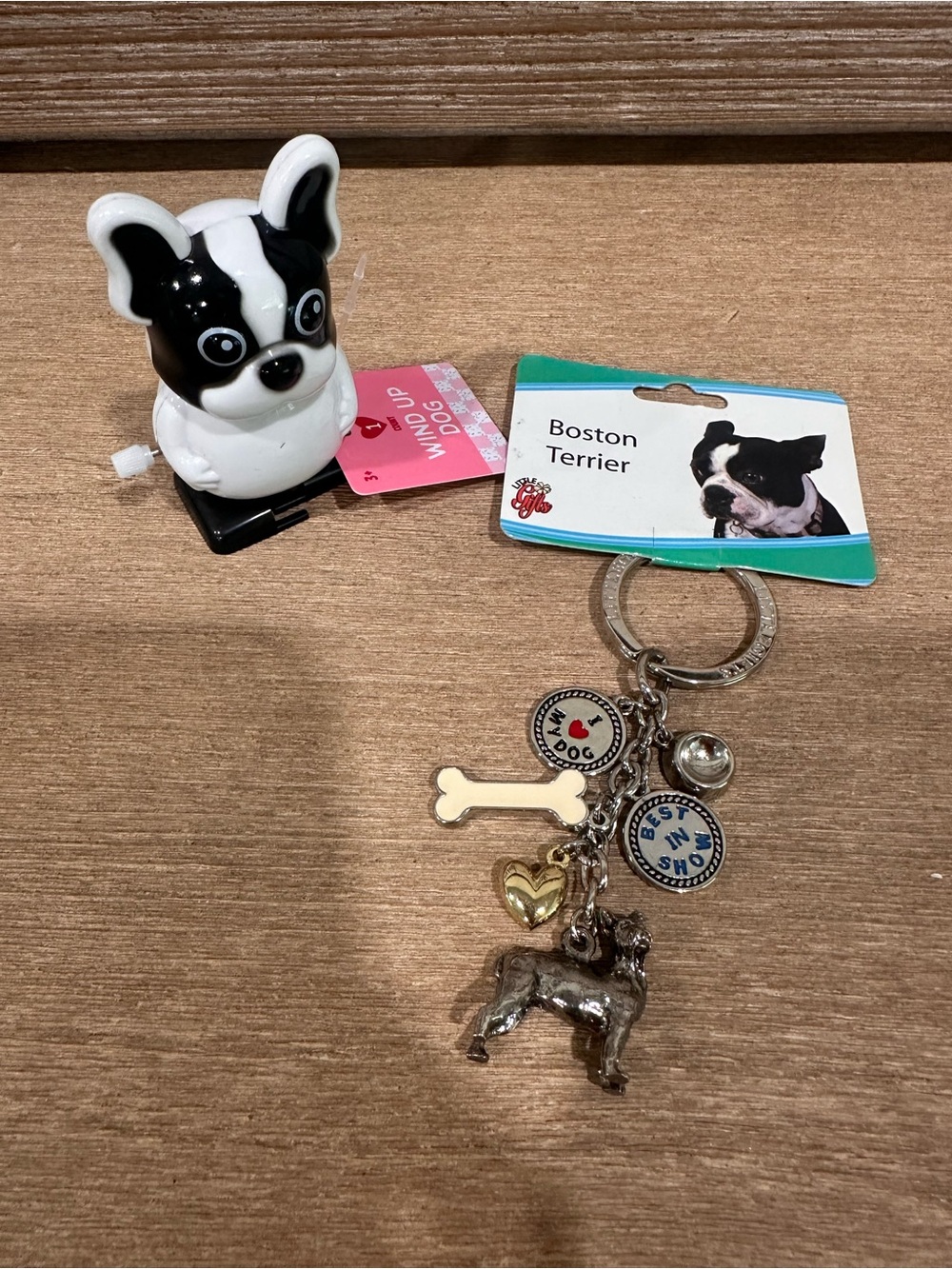 Hallmark Boston Terrier Keychain and Black White Dog Wind-Up Toy